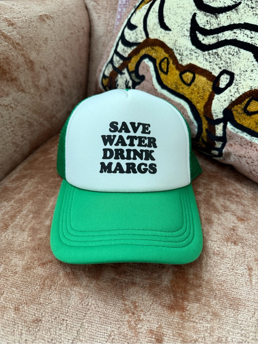 Green and White Trucker Hat - "Save Water Drink Margs"